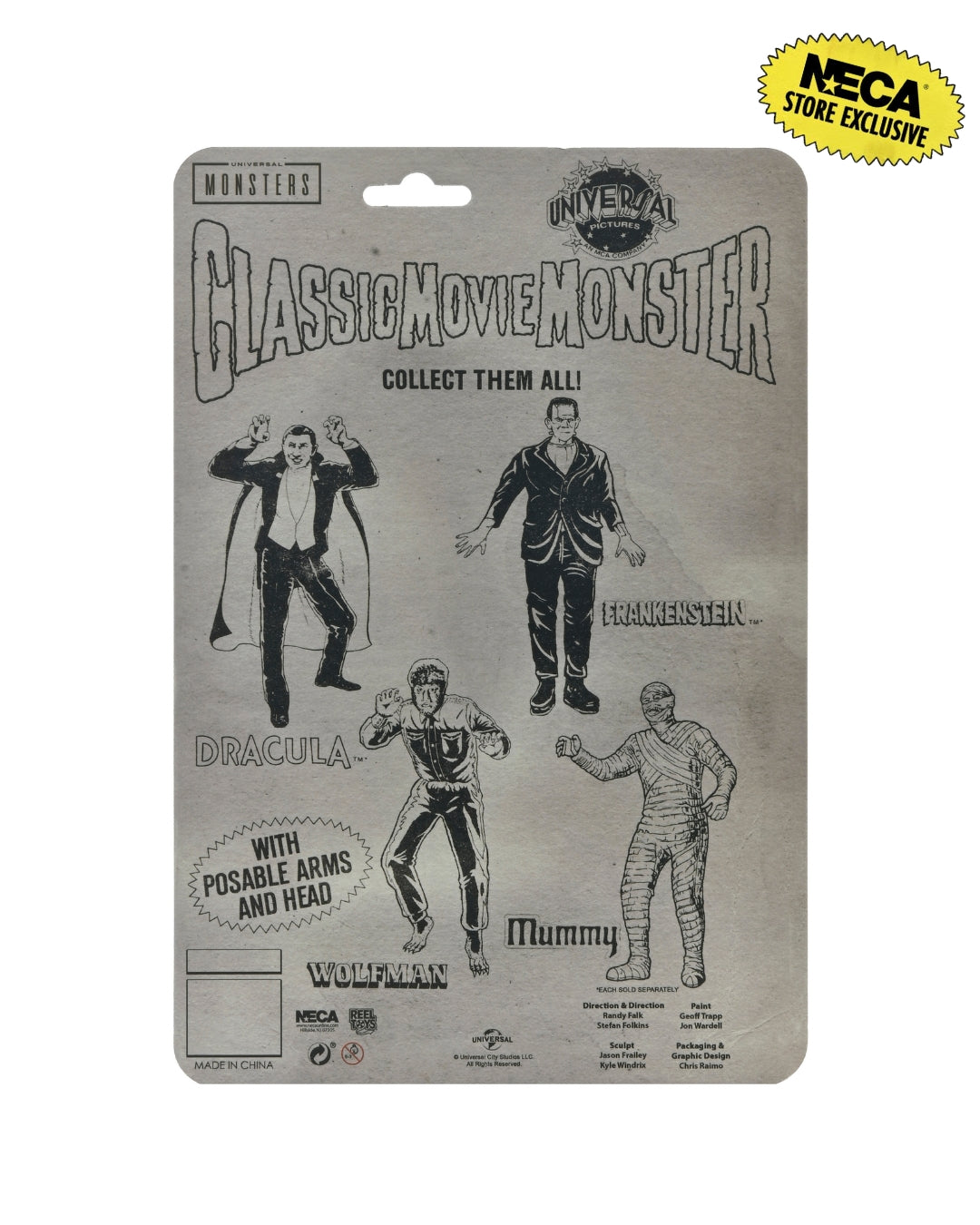 Universal Monsters - Frankenstein, Wolfman, Mummy & Dracula (Classic Movie Monsters) 7” Scale Action Figure Bundle - NECA - Shown: Back Packaging