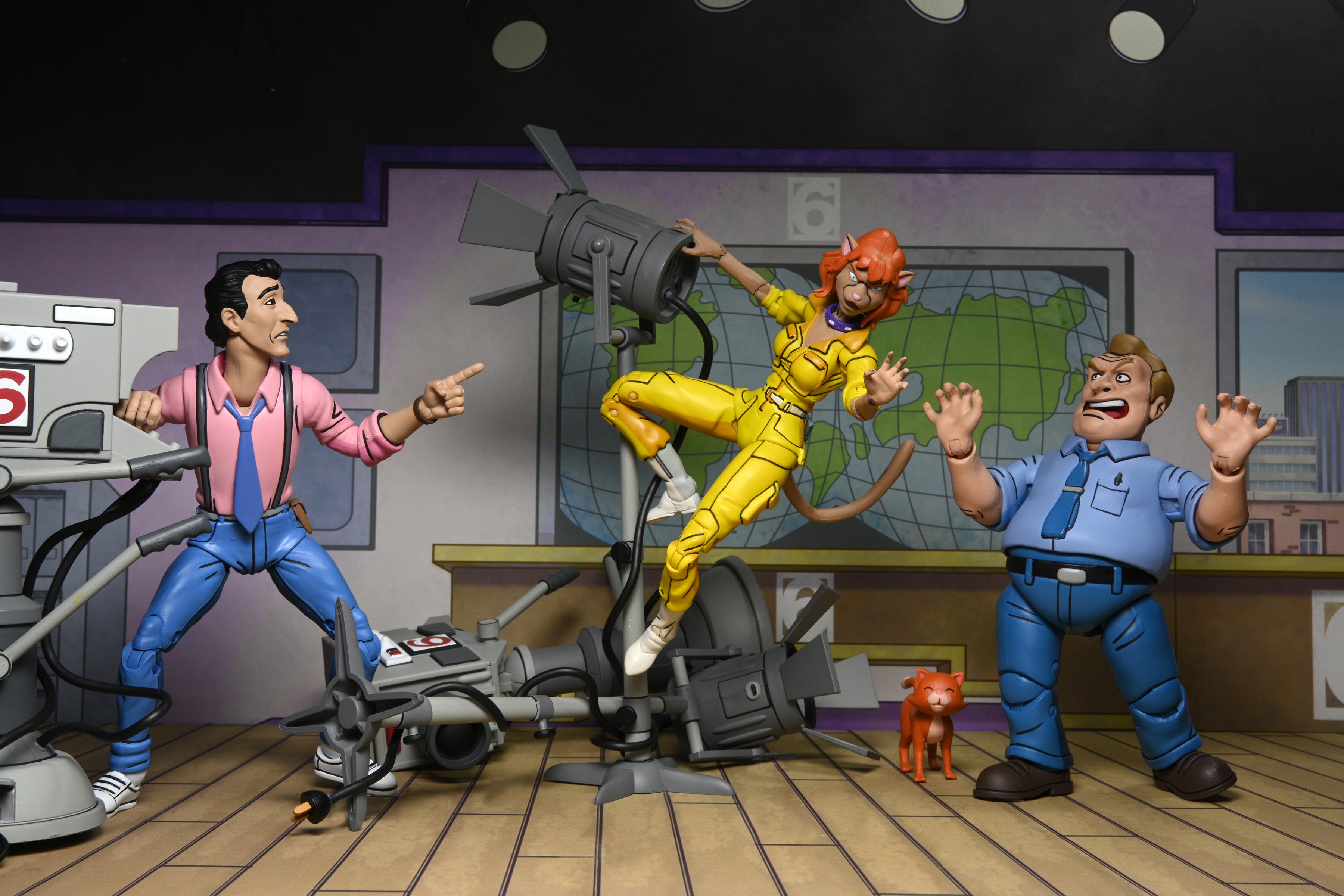 Vernon, Catwoman April, and Burne figures and accessories from the Teenage Mutant Ninja Turtles (1987 Cartoon) - Channel 6 Newsroom 7” Scale Action Figure 4-Pack - NECA
