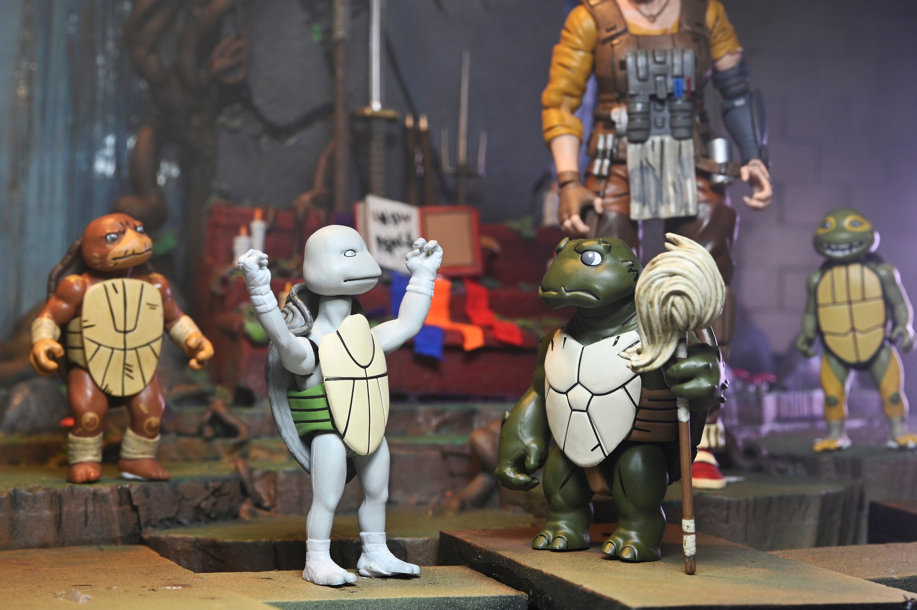 Teenage Mutant Ninja Turtles (The Last Ronin - The Lost Years) - Baby Turtles Uno and Odyn Action Figures - NECA - with Grammy April and baby turtles Moja and Yi