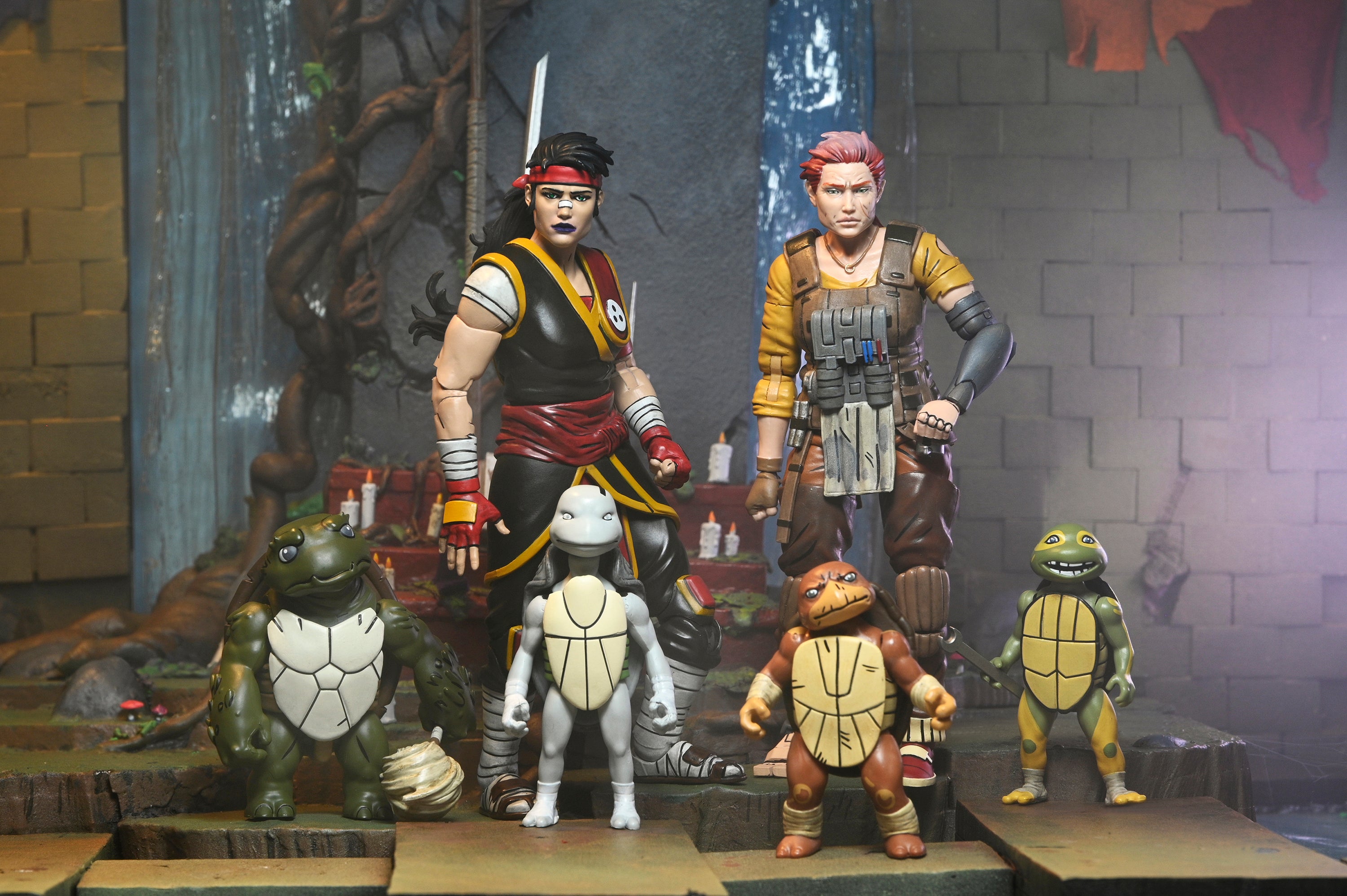 Teenage Mutant Ninja Turtles (The Last Ronin - The Lost Years) - Ultimate Casey Marie with Baby Odyn & Uno Action Figures - NECA - shown with Grammy April and Baby Turtles Moja and Yi
