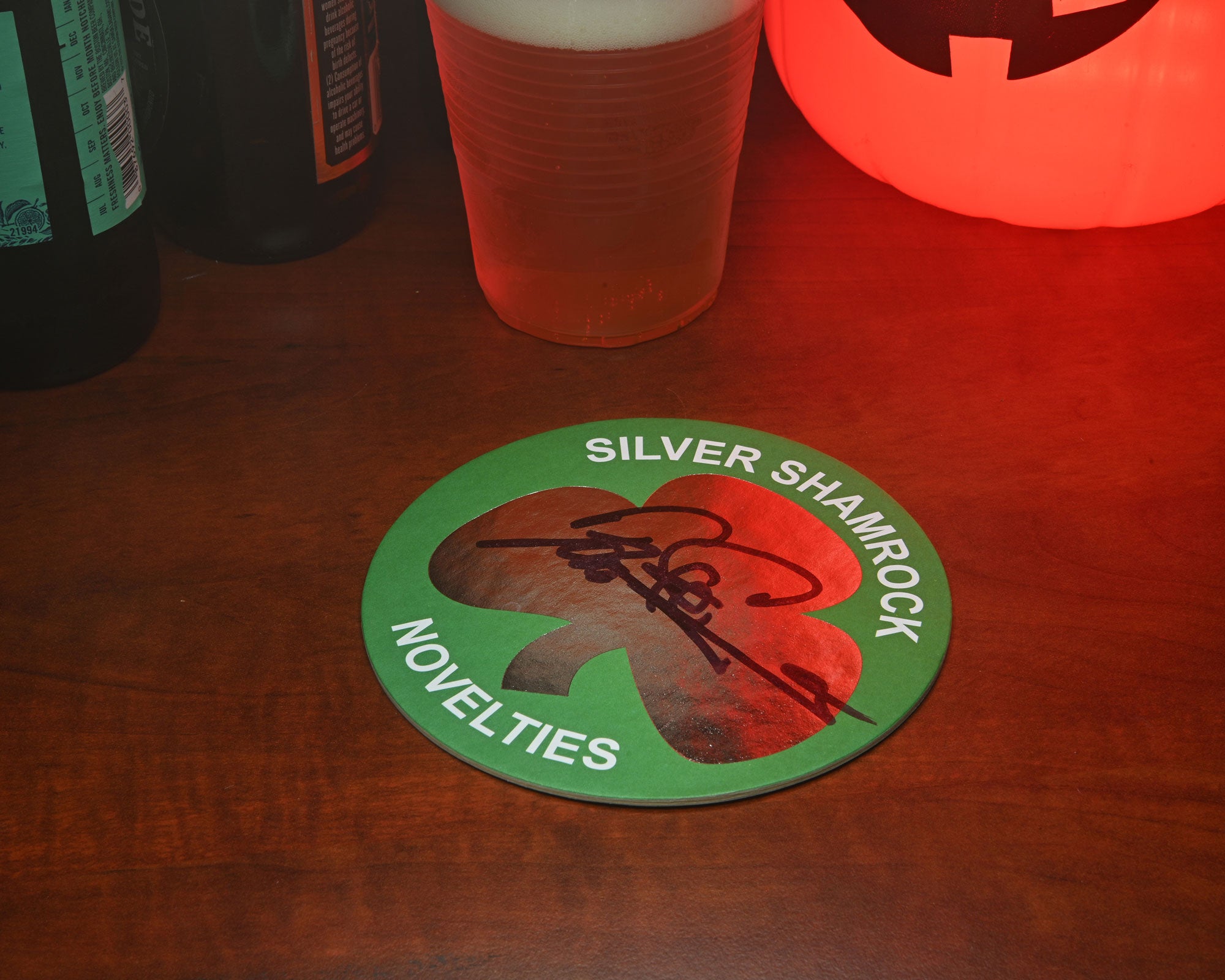 Halloween 3 Dr. Challis signed silver shamrock coaster