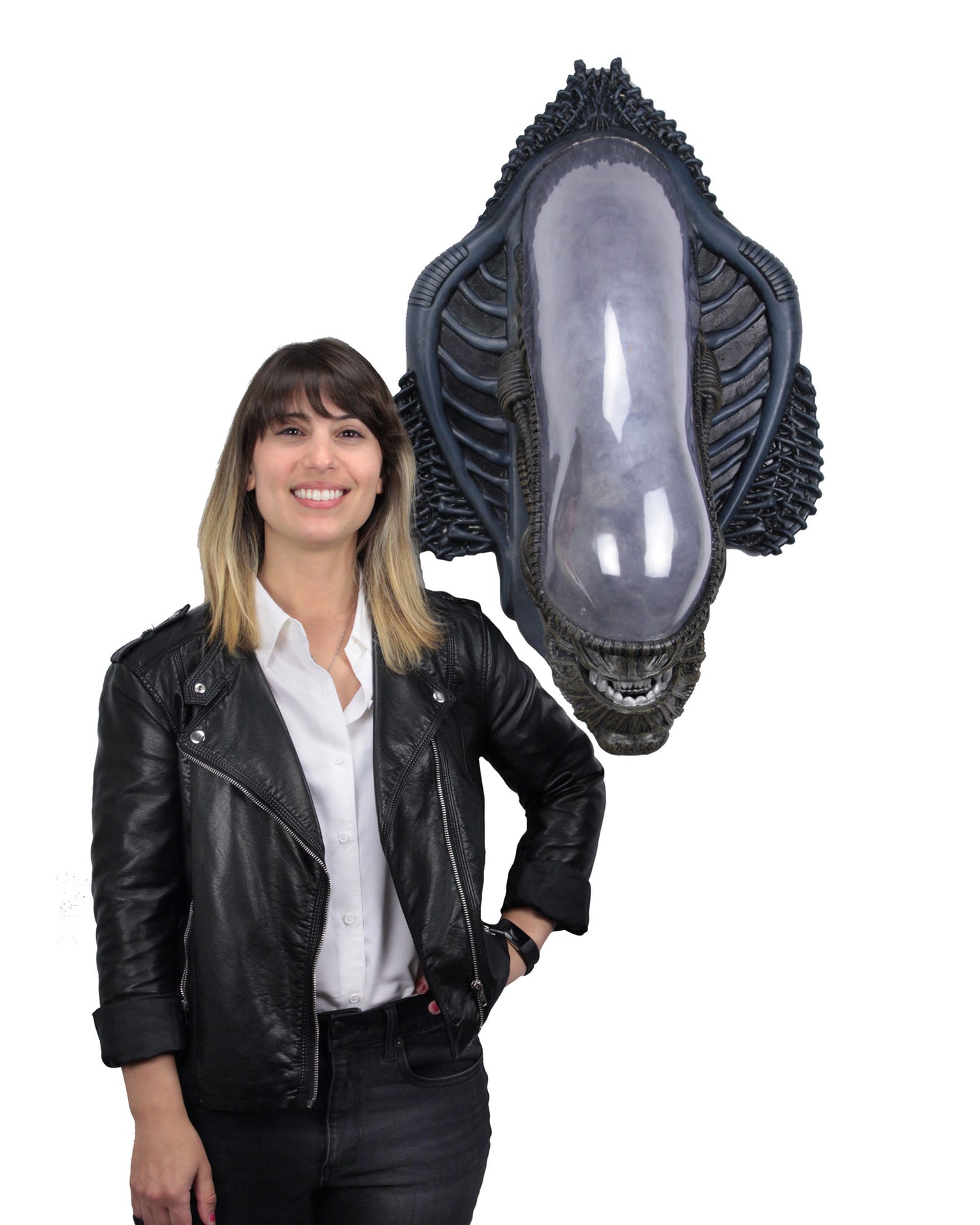 Alien Xenomorph Trophy Plaque with woman standing next to it