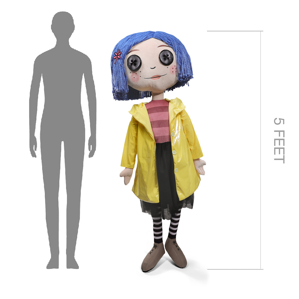 Coraline with Button Eyes Life-Size Plush Doll with measurement and person showing scale