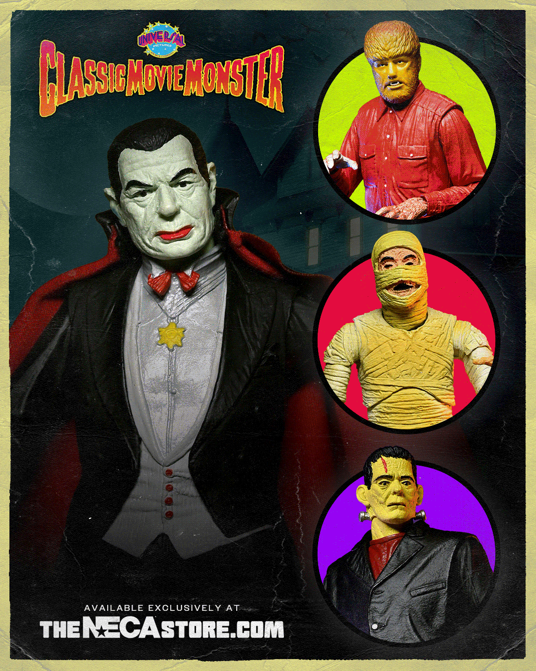 Universal Monsters - Frankenstein, Wolfman, Mummy & Dracula (Classic Movie Monsters) 7” Scale Action Figure Bundle - NECA