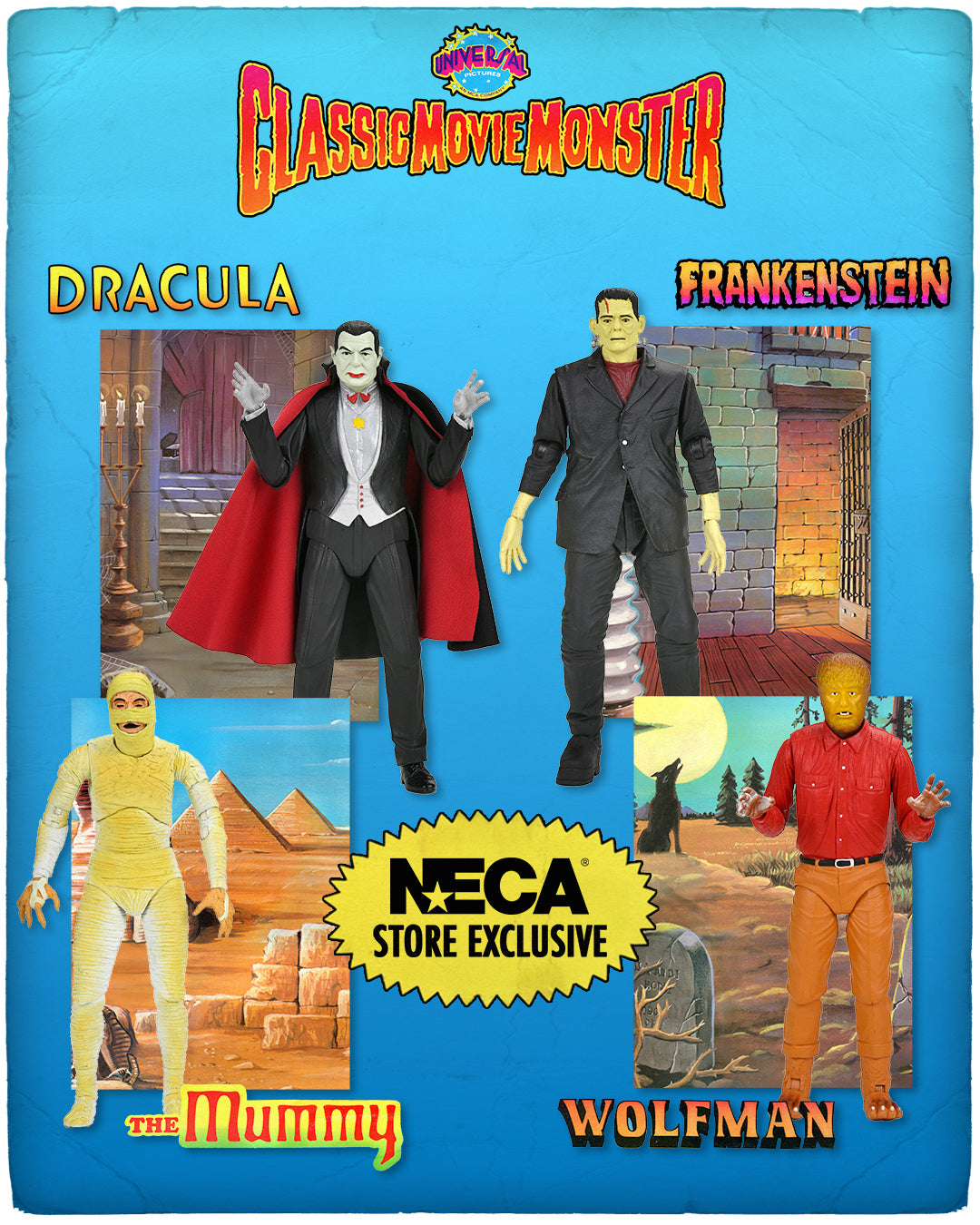 Universal Monsters - Frankenstein, Wolfman, Mummy & Dracula (Classic Movie Monsters) 7” Scale Action Figure Bundle - NECA