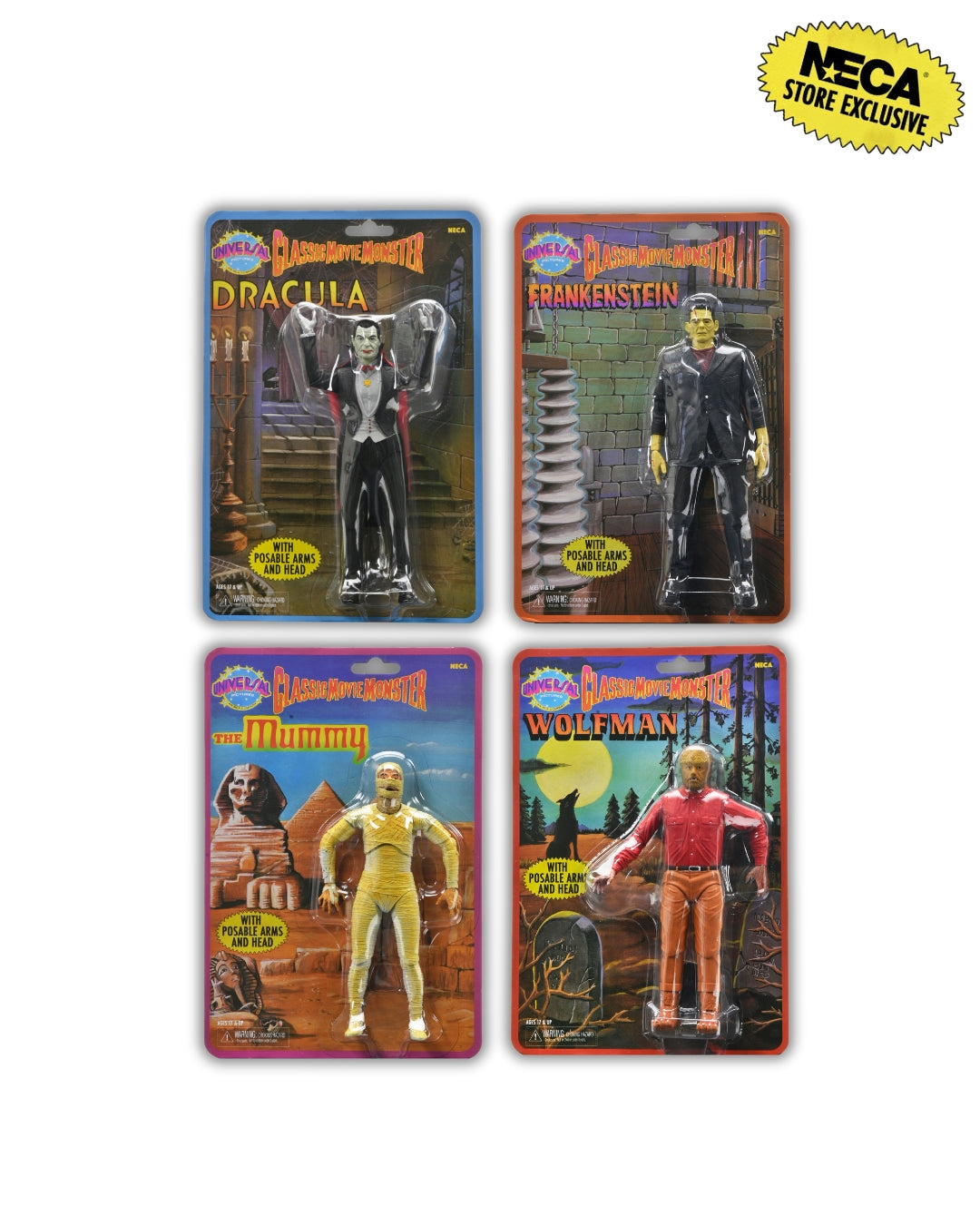 Universal Monsters - Frankenstein, Wolfman, Mummy &amp; Dracula (Classic Movie Monsters) 7” Scale Action Figure Bundle - NECA - Shown: Packaging