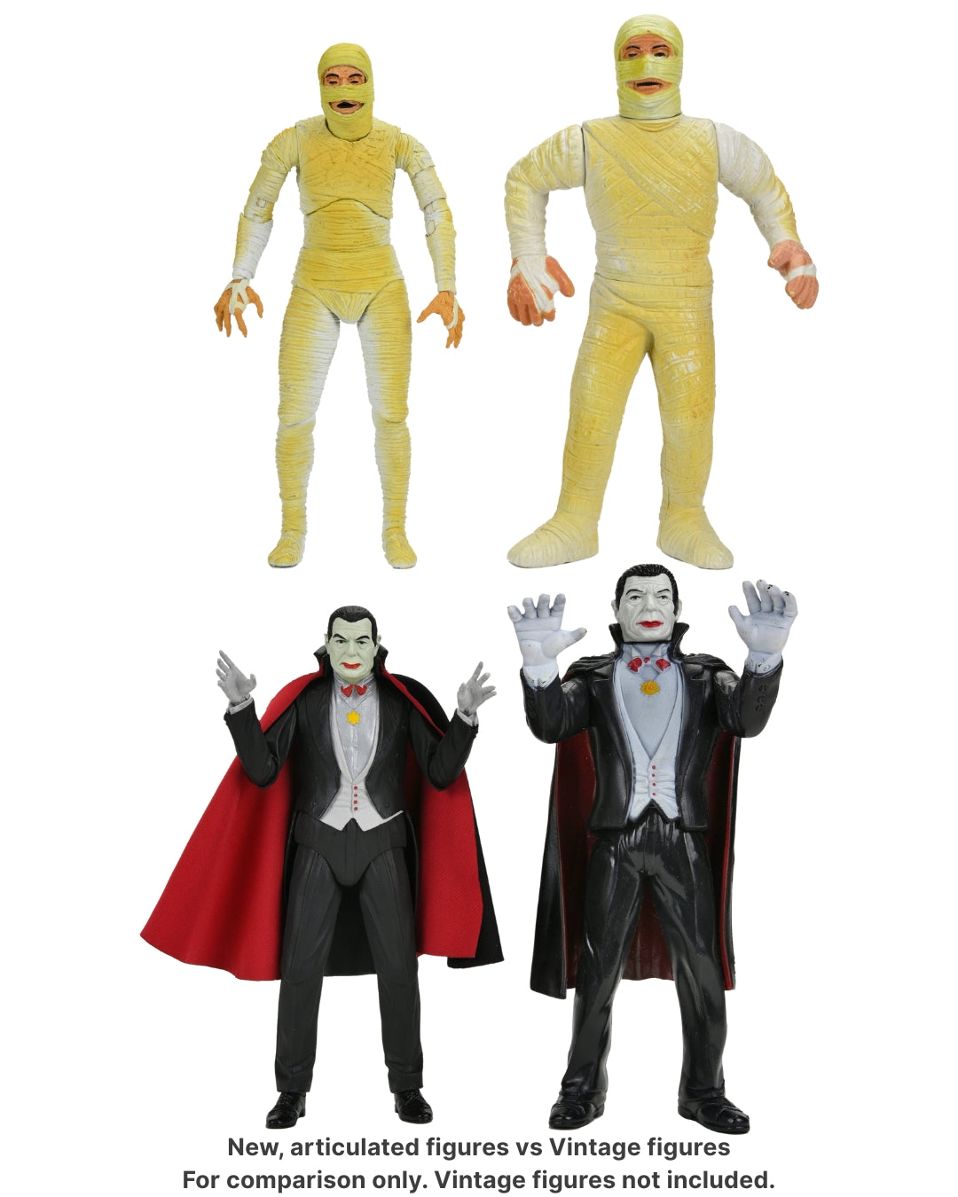Universal Monsters - Frankenstein, Wolfman, Mummy & Dracula (Classic Movie Monsters) 7” Scale Action Figure Bundle - NECA - Shown: Comparison of New vs Vintage Figures
