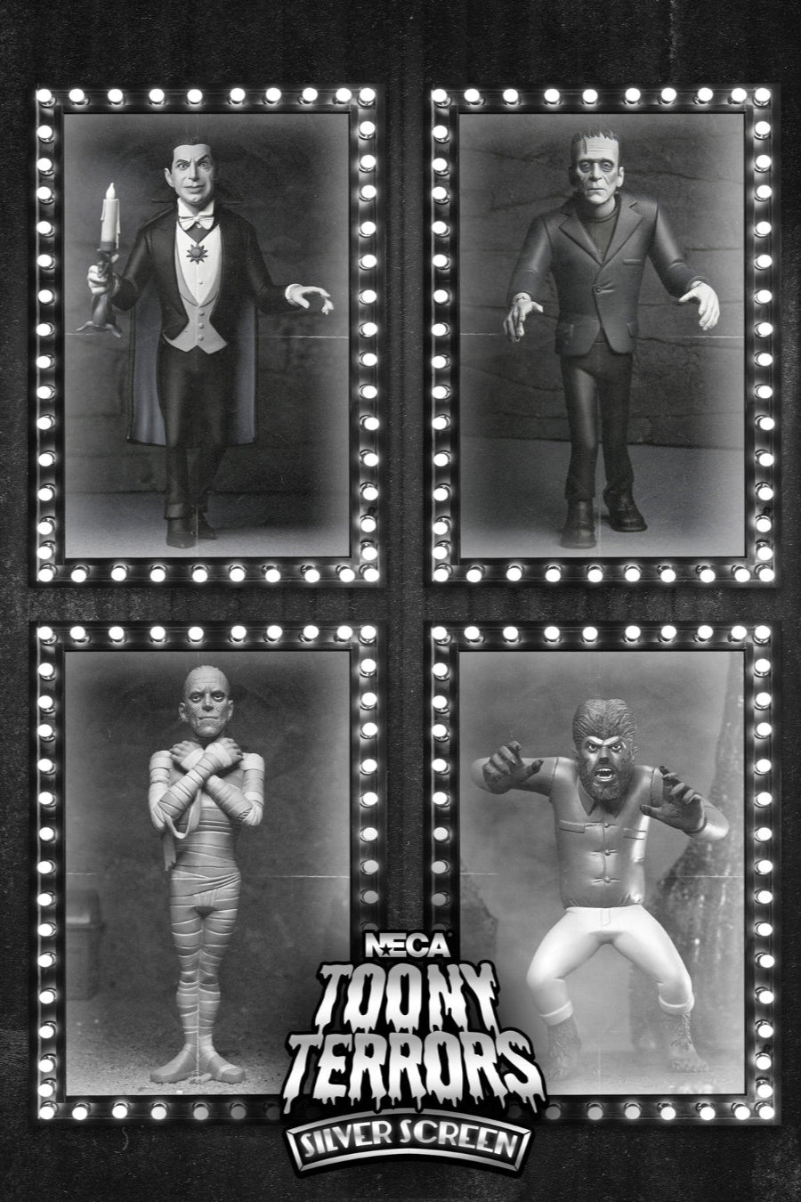 Universal Monsters - Toony Terrors Silver Screen Edition (Series 10) 6” Scale Action Figure Bundle (Dracula, Frankenstein, Mummy &amp; Wolfman) - NECA