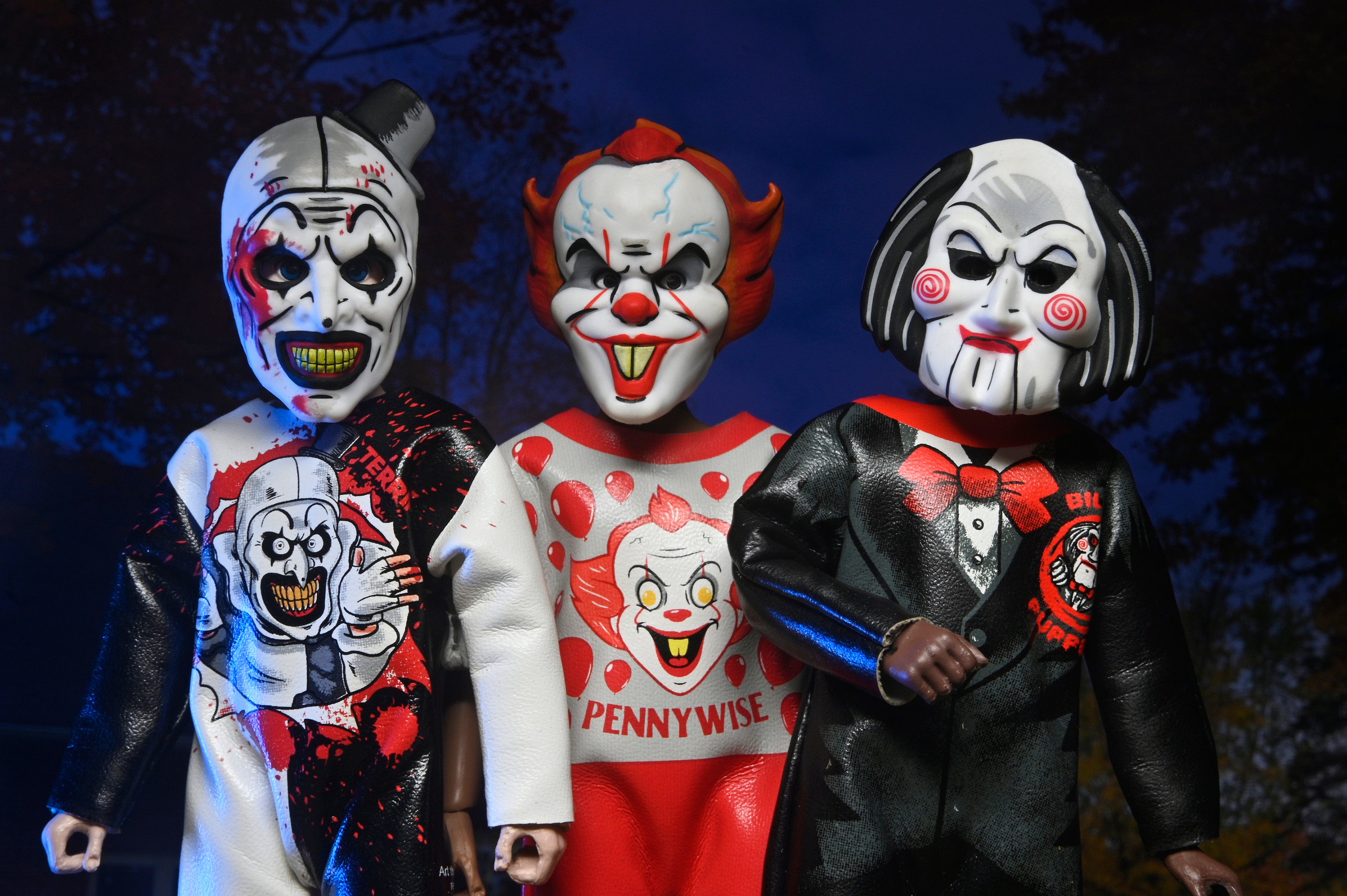 Ben Cooper Costume Kids Collection - Series 9 Costumed Action Figure Bundle (Leatherface, Michael Myers, Billy the Puppet, Pennywise & Art the Clown) - NECA - Shown: Art the Clown, Pennywise, and Billy the Puppet