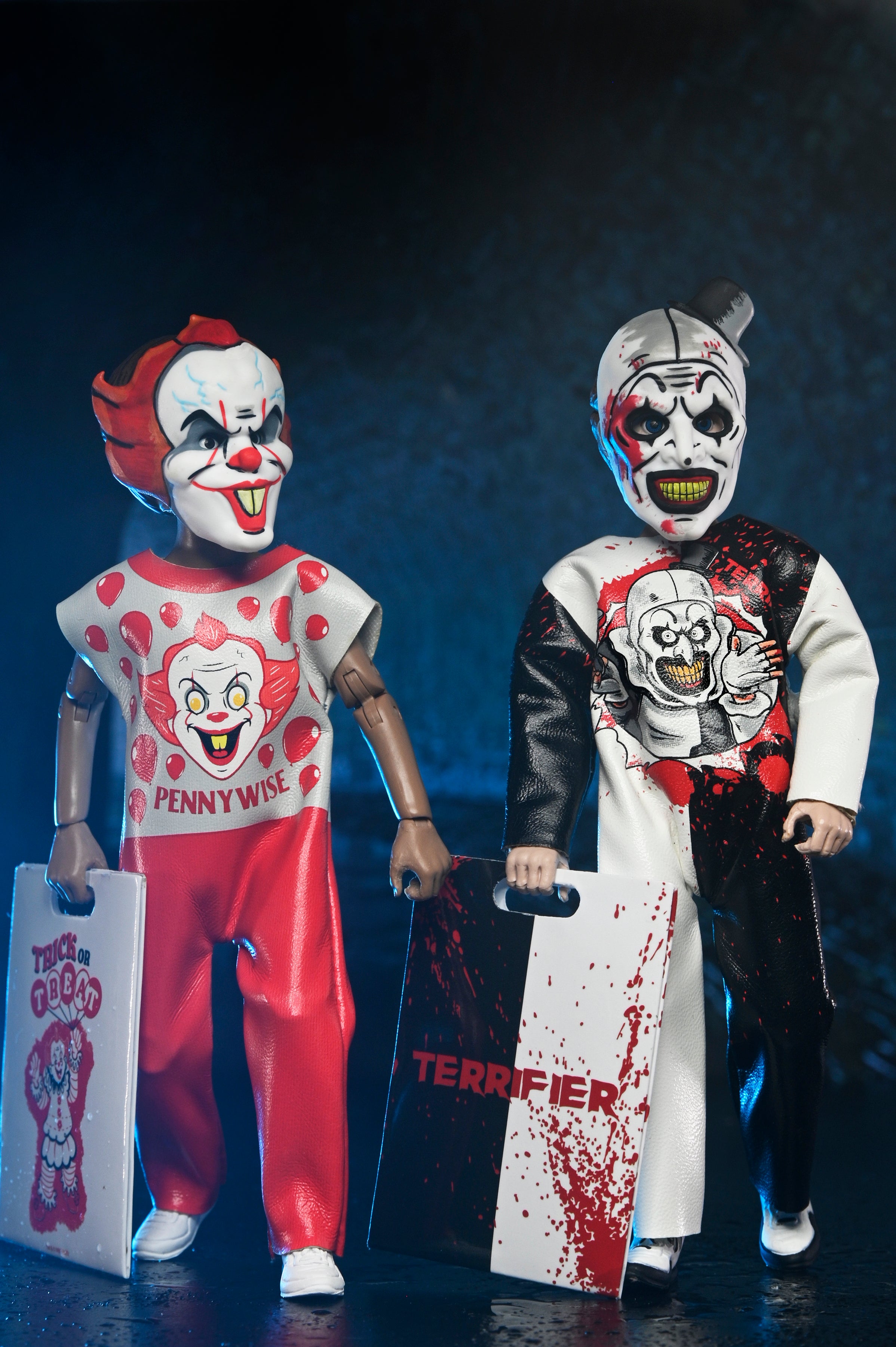 Ben Cooper Costume Kids Collection - Series 9 Costumed Action Figure Bundle (Leatherface, Michael Myers, Billy the Puppet, Pennywise & Art the Clown) - NECA - Shown: Pennywise and Art the Clown