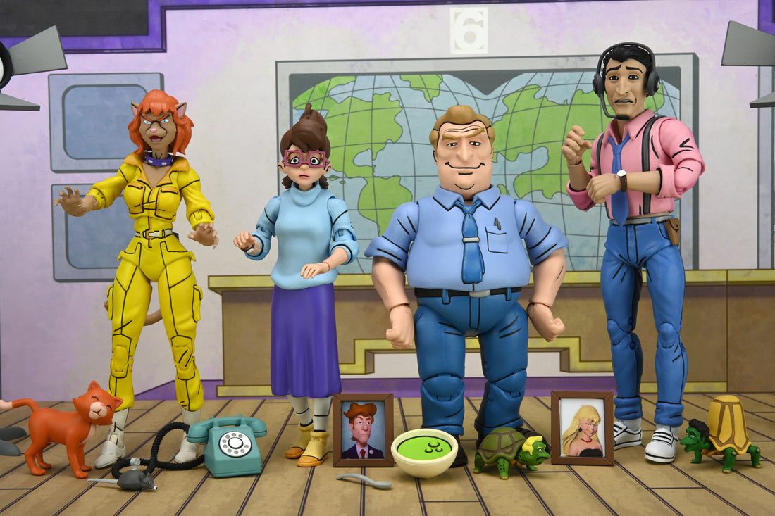 Catwoman April, Irma, Burne, and Vernon figures and accessories from the Teenage Mutant Ninja Turtles (1987 Cartoon) - Channel 6 Newsroom 7” Scale Action Figure 4-Pack - NECA