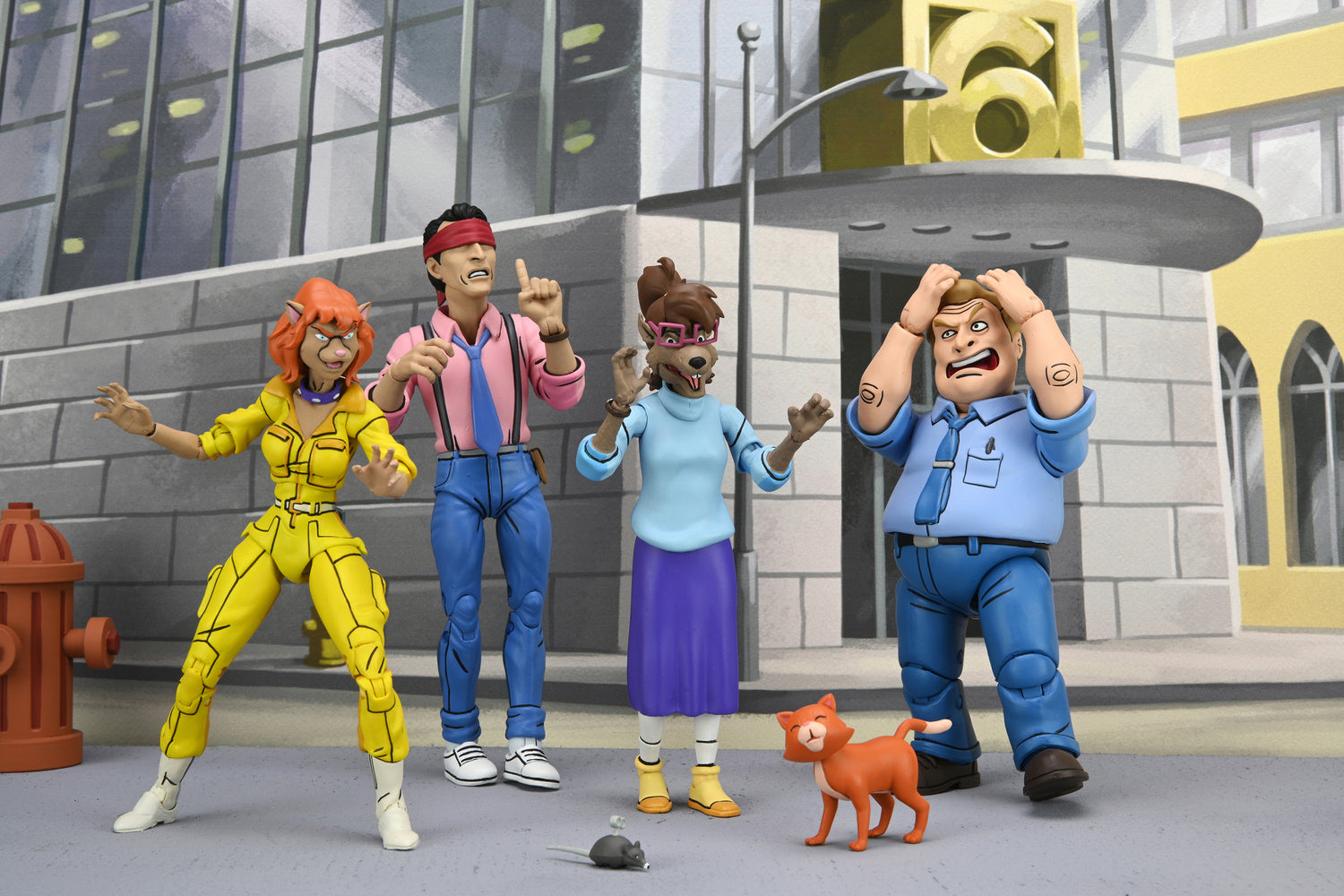 Catwoman April, Vernon, Irma, and Burne figures and accessories from the Teenage Mutant Ninja Turtles (1987 Cartoon) - Channel 6 Newsroom 7” Scale Action Figure 4-Pack - NECA