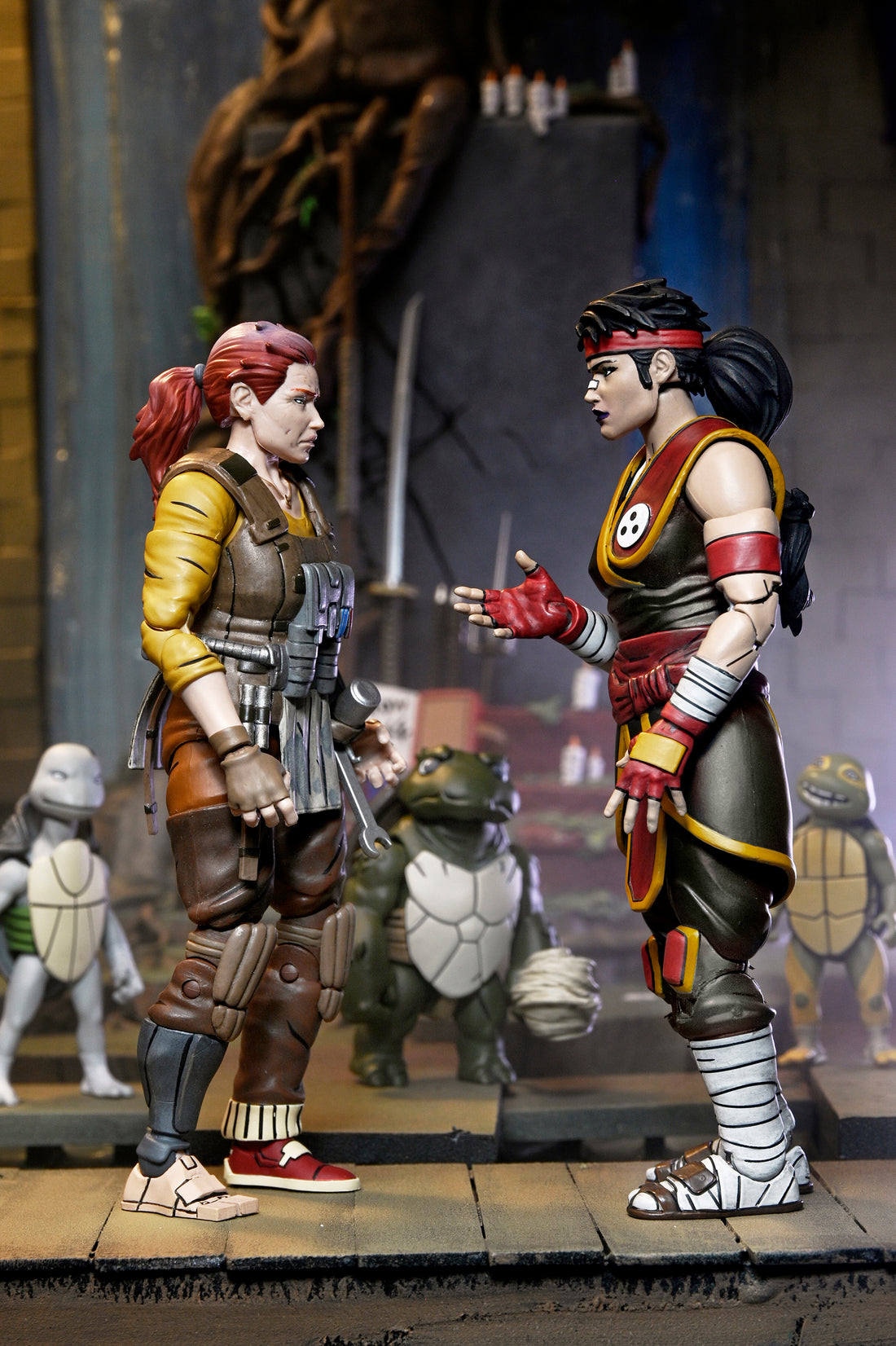 Teenage Mutant Ninja Turtles (The Last Ronin - The Lost Years) - Ultimate Casey Marie with Baby Odyn &amp; Uno Action Figures - NECA - shown with Grammy April and Baby Yi
