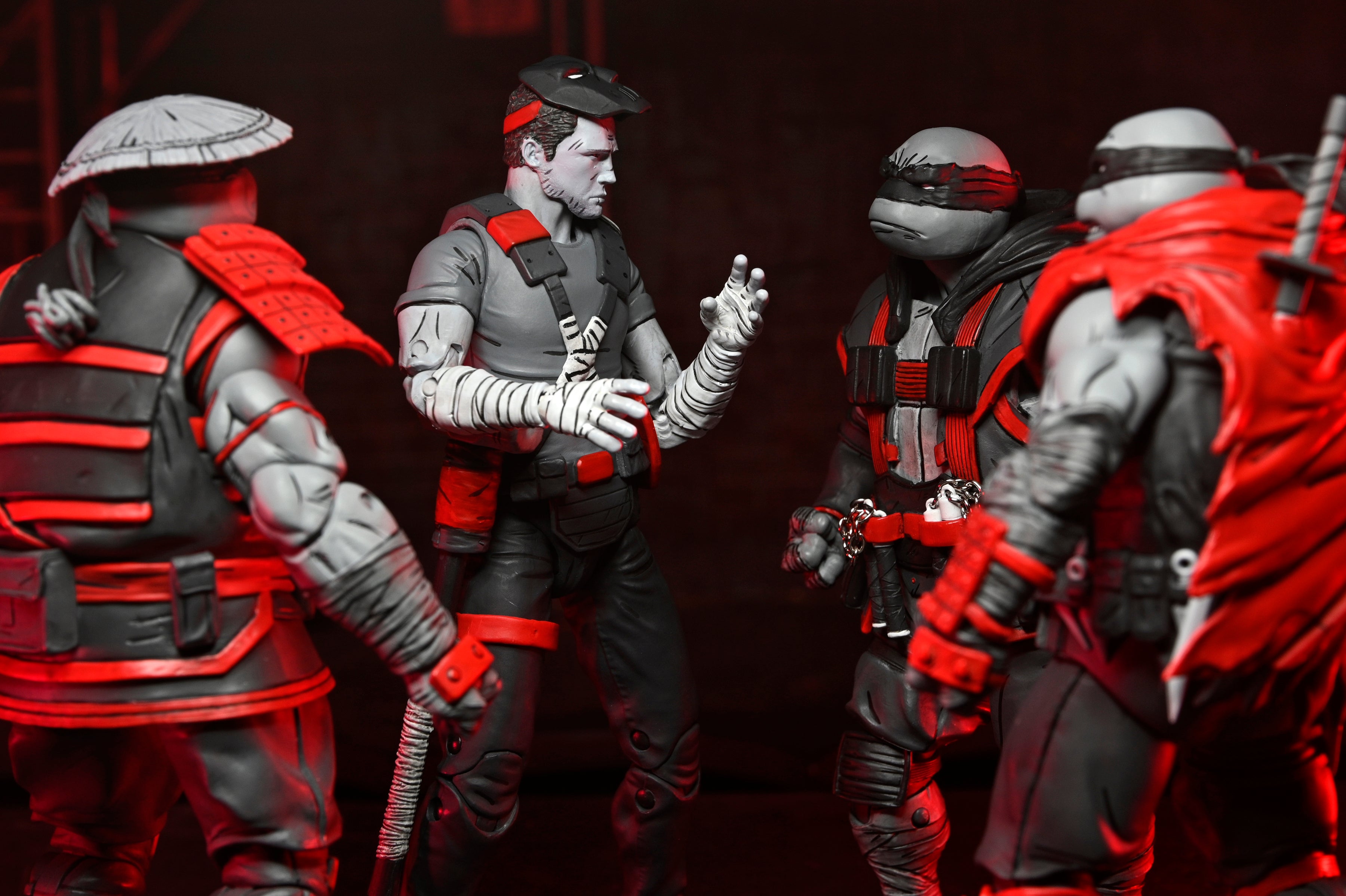 Teenage Mutant Ninja Turtles (The Last Ronin - The Lost Years) - Nightwatcher Casey Jones 7” Scale Action Figure - NECA - Casey Jones shown with Turtles