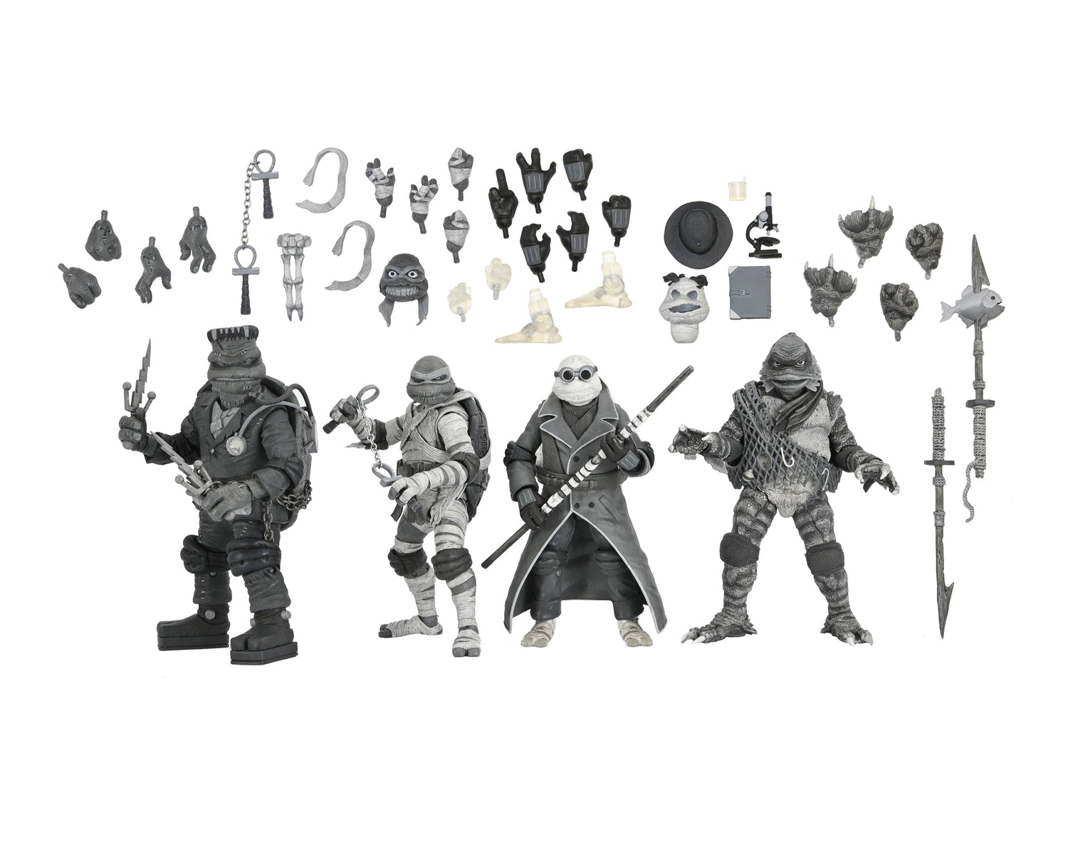 Universal Monsters x Teenage Mutant Ninja Turtles – Black &amp; White Turtles 7” Scale Action Figure 4-Pack - NECA