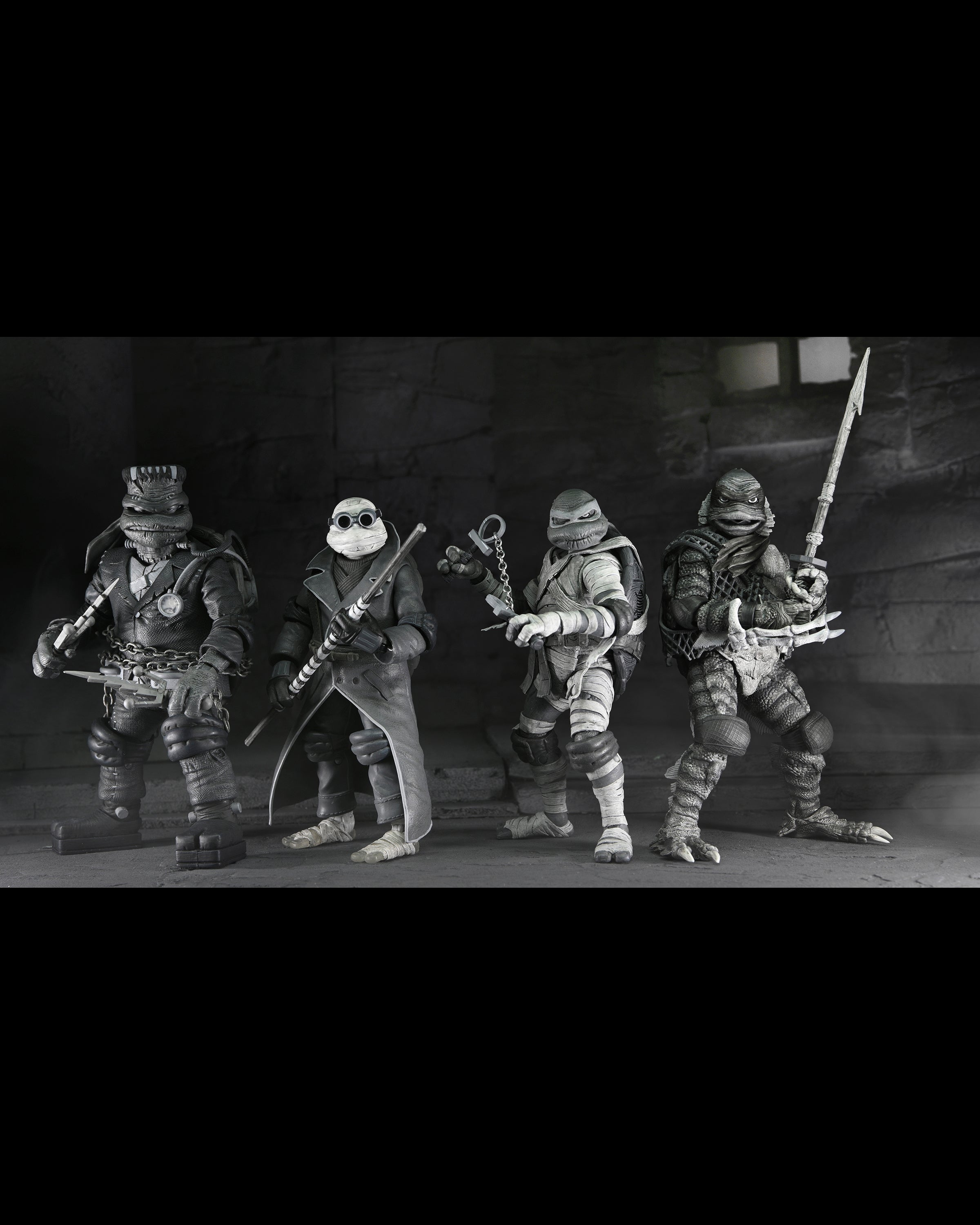 Universal Monsters x Teenage Mutant Ninja Turtles – Black &amp; White Turtles 7” Scale Action Figure 4-Pack - NECA