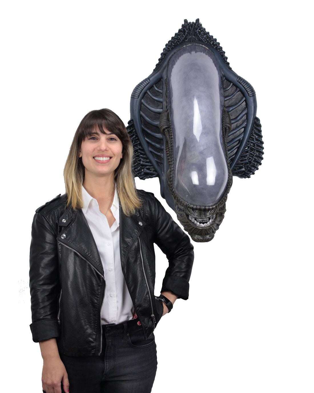 Alien Xenomorph Trophy Plaque with woman standing next to it