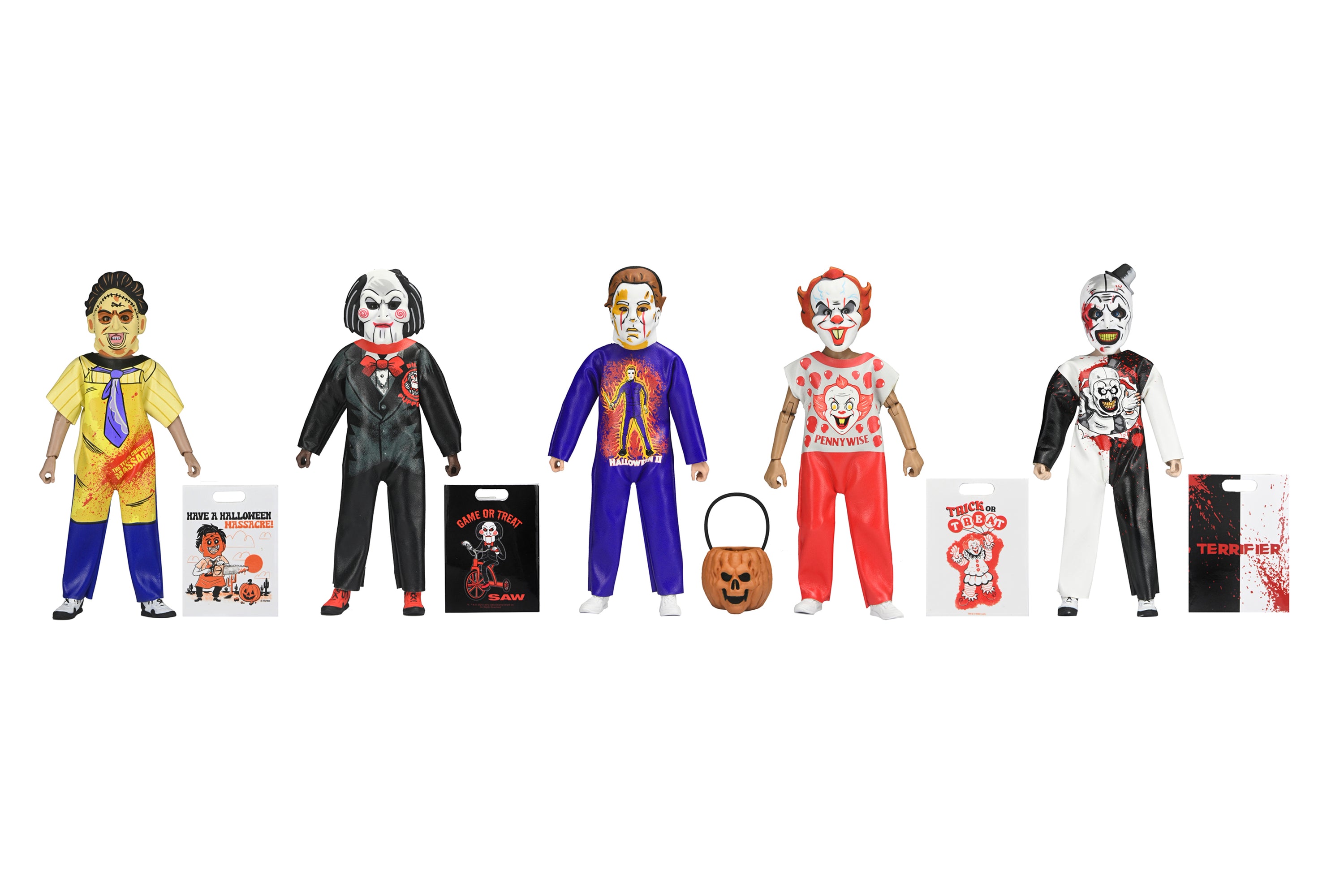 Ben Cooper Costume Kids Collection - Series 9 Costumed Action Figure Bundle (Leatherface, Michael Myers, Billy the Puppet, Pennywise & Art the Clown) - NECA