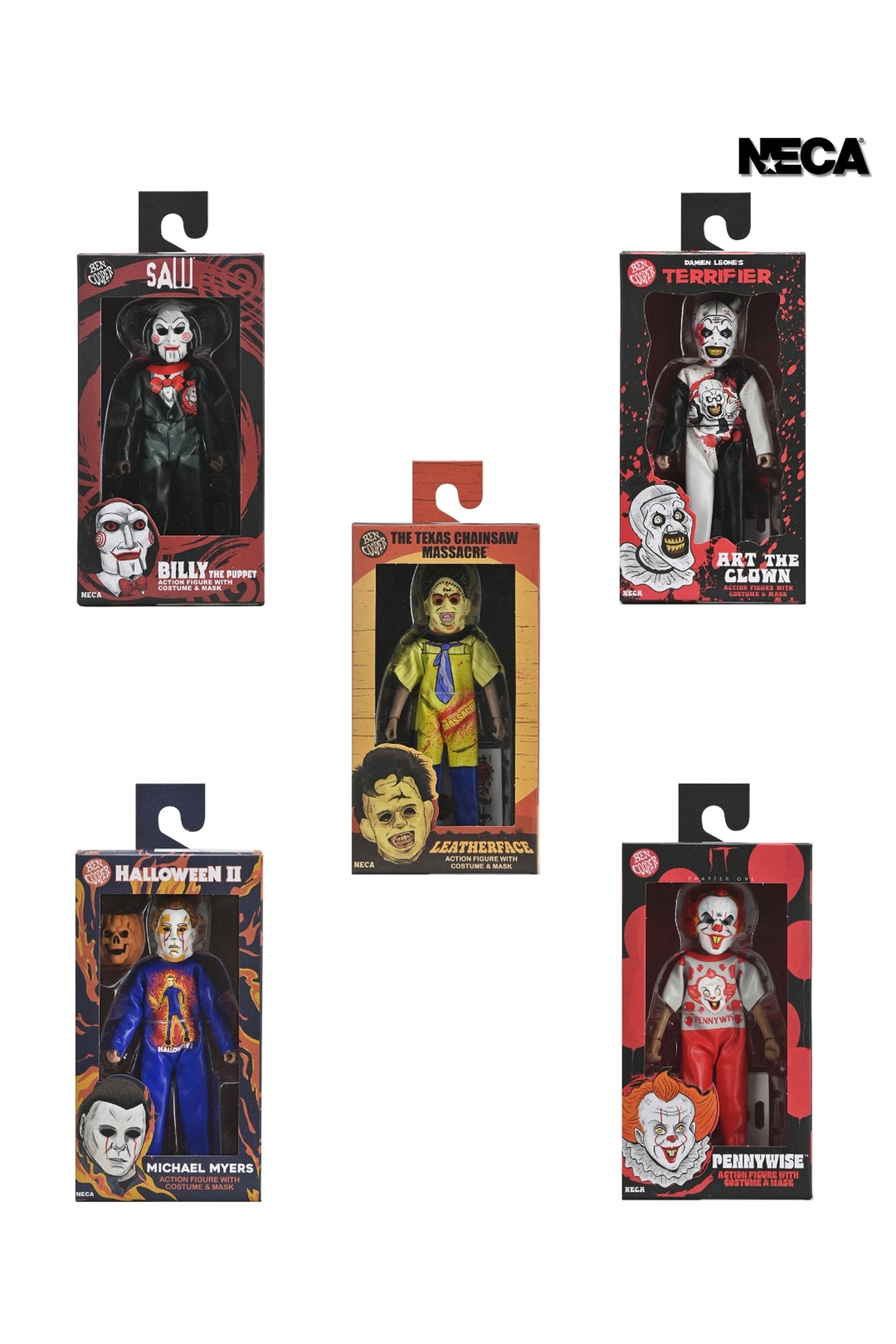 Ben Cooper Costume Kids Collection - Series 9 Costumed Action Figure Bundle (Leatherface, Michael Myers, Billy the Puppet, Pennywise &amp; Art the Clown) - NECA