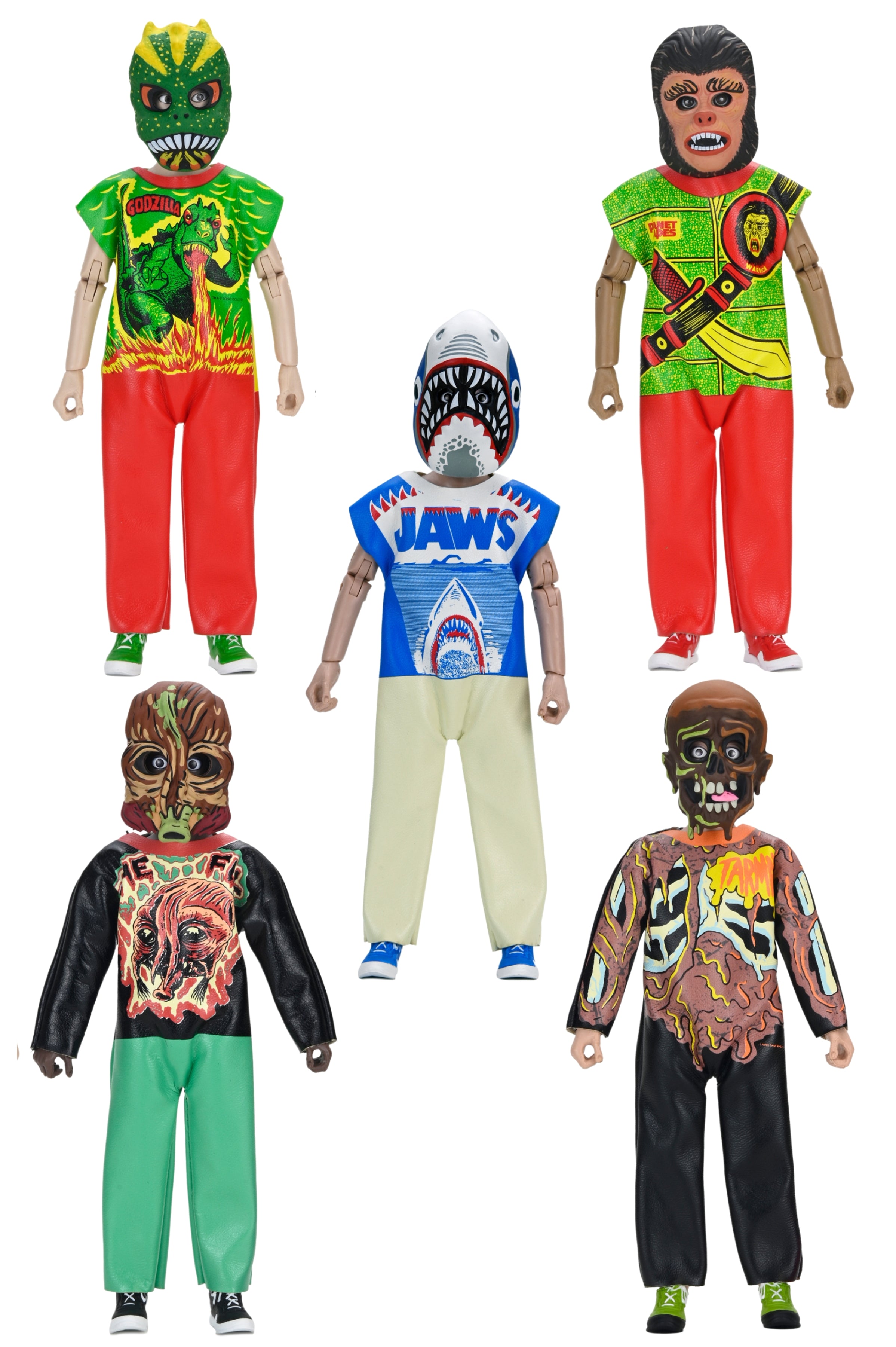 Ben Cooper Costume Kids Collection - Series 7 Costumed Action Figure Bundle (Godzilla, Jaws, Tarman, Warrior, The Fly) - NECA