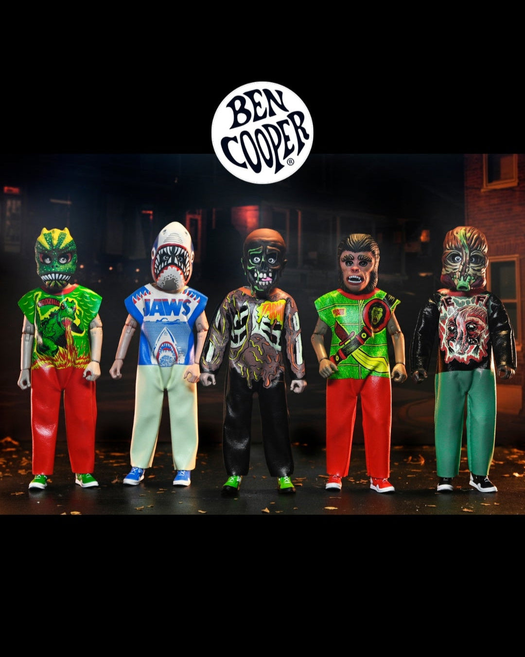 Ben Cooper Costume Kids Collection - Series 7 Costumed Action Figure Bundle (Godzilla, Jaws, Tarman, Warrior, The Fly) - NECA