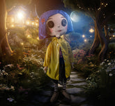 Coraline with Button Eyes Life-Size Plush Doll against stylized background