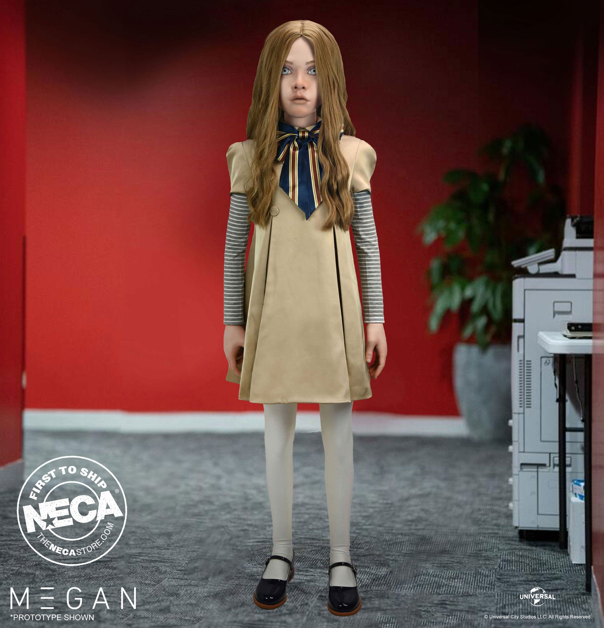 M3GAN Life-Size Replica Doll in hallway. 