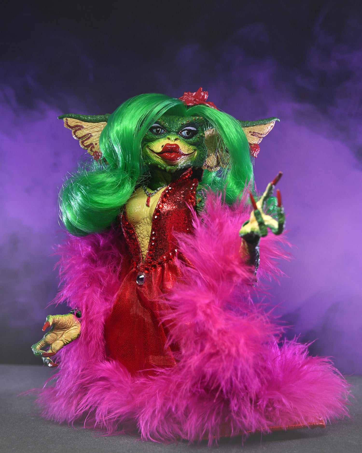 Gremlins 2 Ultimate Showgirl Greta 7&quot; Scale Action Figure by NECA wearing red gown and pink feather boa