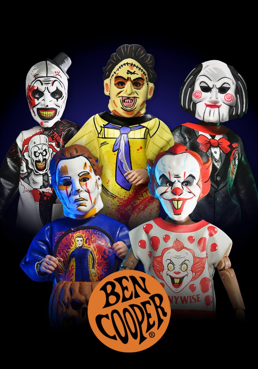 Ben Cooper Costume Kids Collection - Series 9 Costumed Action Figure Bundle (Leatherface, Michael Myers, Billy the Puppet, Pennywise & Art the Clown) - NECA