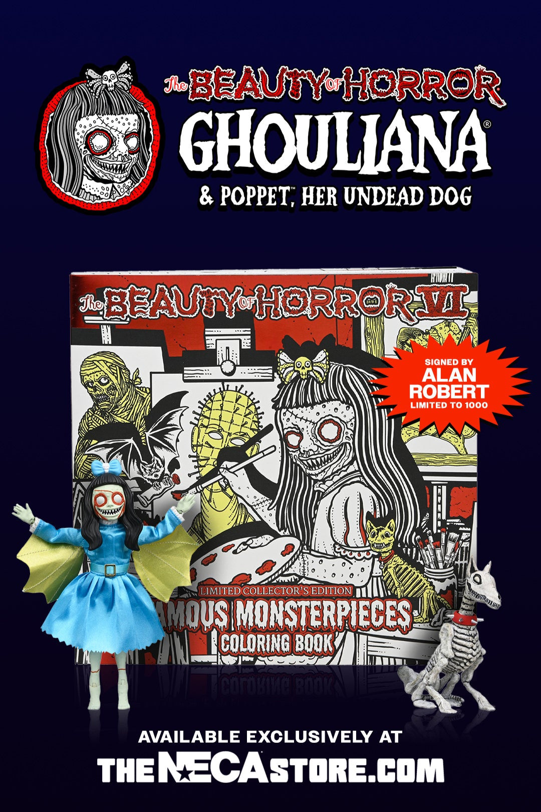 The Beauty of Horror - Ghouliana &amp; Poppet 8&quot; Scale Clothed Action Figure Deluxe Afterlife Set with Limited-Edition Coloring Book Signed by Alan Robert - NECA