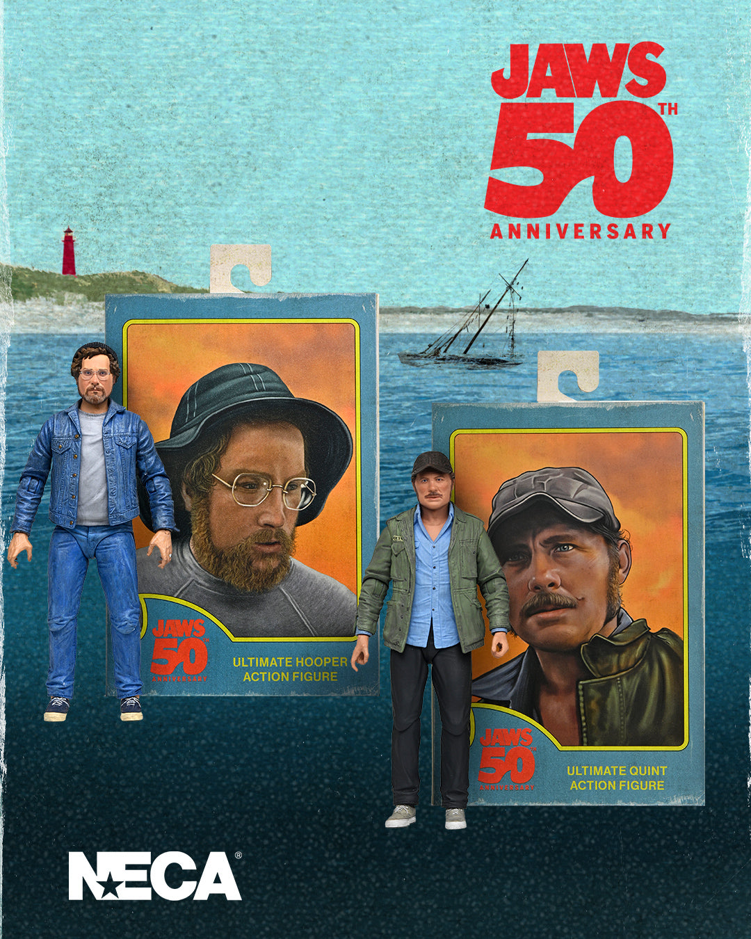 Jaws - 50th Anniversary Ultimate Matt Hooper (Amity Arrival) and Sam Quint 7” Scale Action Figure Bundle - NECA