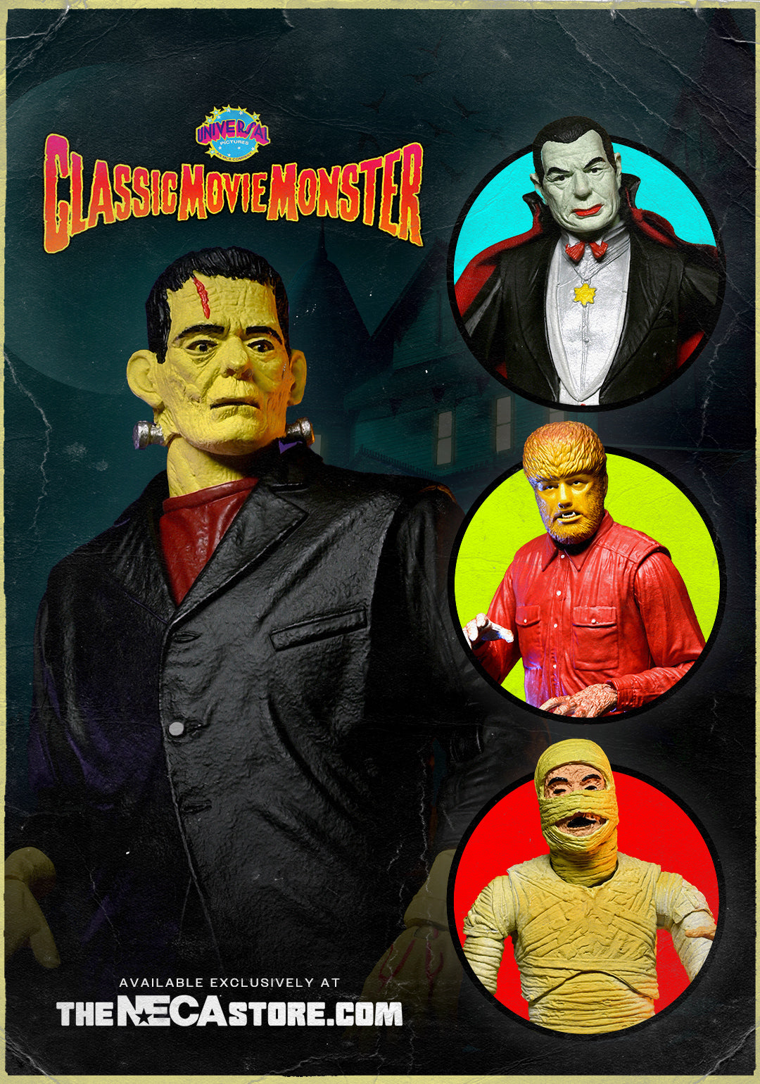 Universal Monsters - Frankenstein, Wolfman, Mummy & Dracula (Classic Movie Monsters) 7” Scale Action Figure Bundle - NECA