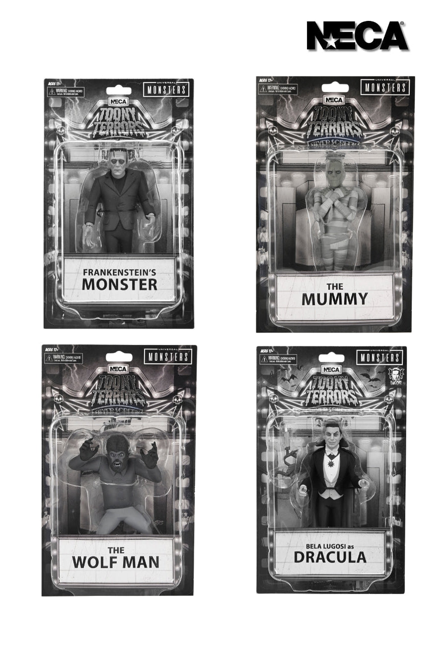 Universal Monsters - Toony Terrors Silver Screen Edition (Series 10) 6” Scale Action Figure Bundle (Dracula, Frankenstein, Mummy &amp; Wolfman) - NECA