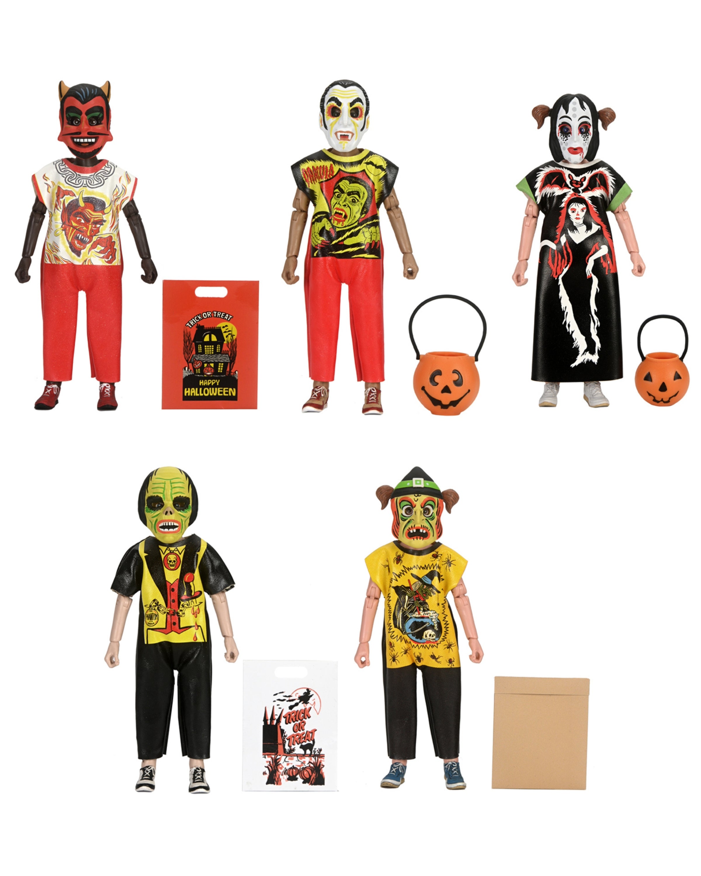Ben Cooper Costume Kids Collection - Series 2 Costumed Action Figure Bundle (Devil V.2, Dracula, Vampire Girl, Phantom &amp; Witch)